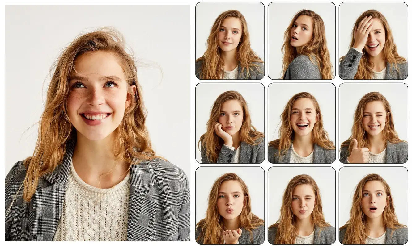 nano banana pro prompts: 用这张照片，做一个3*3的photo booth grid，每张要用不同的姿势和表情不许重复