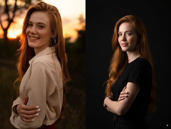 nano banana pro prompts: 给图里的人生成工作室拍摄肖像照片,黑色背景,黑色T恤,采用侧光和半身像的构图