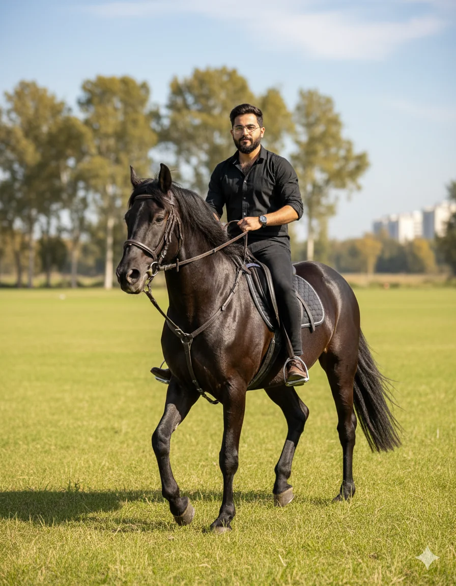 AI generated horse rider portrait in golden light