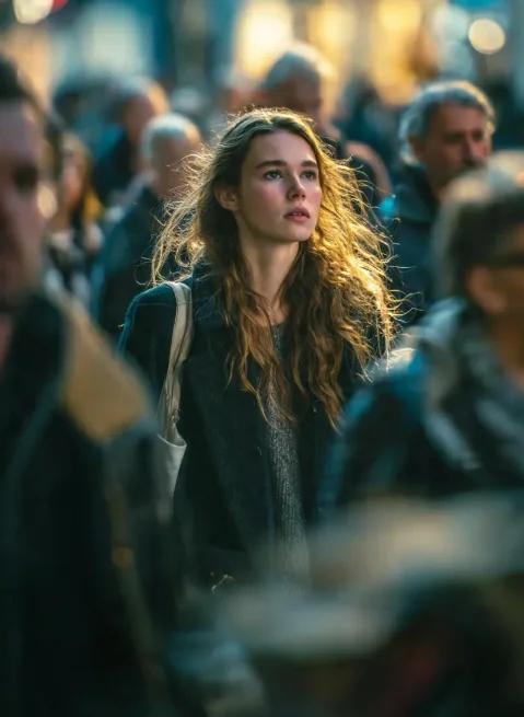 vip prompts: {
  "Objective": "Create an ultra-realistic cinematic street photograph that captures emotional isolation and quiet determination within a fast-moving urban crowd during blue hour.",

  "Subject": {
    "Gender": "Female",
    "Age_Group": "Young adult",
    "Appearance": {
      "Expression": "Thoughtful, calm, quietly determined",
      "Gaze": "Looking forward, focused and introspective",
      "Hair": {
        "Style": "Wavy, slightly messy",
        "Lighting": "Soft rim light catching individual strands"
      },
      "Makeup": "Natural, minimal",
      "Skin": {
        "Texture": "Realistic skin texture with visible natural detail"
      }
    }
  },

  "Wardrobe_and_Accessories": {
    "Outerwear": "Dark coat suitable for urban evening wear",
    "Outfit": "Casual modern city clothing",
    "Accessories": [
      "Shoulder bag worn naturally while walking"
    ]
  },

  "Scene_Description": {
    "Setting": "Dense city street during blue hour",
    "Crowd": {
      "Behavior": "People moving quickly around the subject",
      "Treatment": "Surrounding pedestrians softly motion-blurred"
    },
    "Composition": {
      "Subject_Position": "Centered in the frame",
      "Effect": "Strong visual separation between stillness and motion"
    }
  },

  "Lighting_and_Color": {
    "Lighting": {
      "Type": "Natural blue-hour ambient light",
      "Effects": [
        "Soft rim lighting on subject",
        "Balanced highlights and shadows",
        "Natural city light reflections"
      ]
    },
    "Color_Grading": {
      "Style": "Cinematic urban grading",
      "Palette": [
        "Cool teal tones",
        "Warm amber city lights",
        "Neutral skin tones"
      ]
    }
  },

  "Camera_and_Technical": {
    "Camera_Style": "Professional DSLR photography",
    "Lens": "85mm",
    "Aperture": "f/1.8",
    "Depth_of_Field": "Shallow depth of field with dreamy bokeh",
    "Focus": "Subject in sharp focus"
  }
}