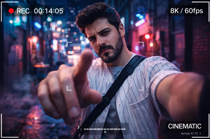 vip prompts: {
  "request_id": "portrait_neon_urban_001",
  "configuration": {
    "model": "v6.0_or_latest",
    "output_settings": {
      "dimensions": {
        "width": 1080,
        "height": 1920,
        "aspect_ratio": "9:16",
        "target_resolution": "64K DSLR"
      }
    }
  },
  "scene_composition": {
    "subject": {
      "entity": "Young man",
      "pose": "Standing confidently",
      "action": "Extending index finger forward toward camera lens",
      "interaction": "Dynamic gesture / POV interaction",
      "wardrobe": {
        "outerwear": "White striped baseball-style shirt",
        "undergarment": "Light inner shirt",
        "bottoms": "Cargo pants",
        "accessories": [
          "Necklace",
          "Crossbody bag"
        ]
      }
    },
    "environment": {
      "location": "Urban street",
      "time_of_day": "Night",
      "ambience": "Neon-lit",
      "background_elements": [
        "Colorful city lights",
        "Blurred passersby"
      ]
    },
    "cinematography": {
      "camera": {
        "perspective": "Wide-angle",
        "depth_of_field": "Soft bokeh",
        "motion": "Slight motion blur"
      },
      "lighting": {
        "style": "Cinematic",
        "primary_sources": ["Neon street lights", "City glow"]
      },
      "ui_overlay": {
        "enabled": true,
        "aesthetic": "Smartphone video recording",
        "on_screen_elements": [
          "REC 00:00:00",
          "8K/60fps",
          "Frame brackets",
          "VIDEO indicator",
          "CINEMATIC indicator"
        ]
      }
    }
  },
  "technical_rendering": {
    "style": "Hyper-realistic",
    "engines": [
      "Octane Render",
      "Unreal Engine 5"
    ]
  },
  "negative_prompt": {
    "stylistic_exclusions": [
      "cartoon",
      "illustration",
      "anime"
    ],
    "quality_exclusions": [
      "low quality",
      "pixelated",
      "blurry"
    ],
    "anatomical_exclusions": [
      "bad anatomy",
      "deformed hands",
      "extra fingers",
      "missing limbs",
      "bad proportions"
    ],
    "branding_exclusions": [
      "watermark (except for requested UI overlays)"
    ]
  }
}