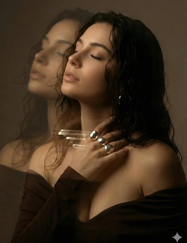 vip prompts: {
  "image_analysis_prompt": {
    "subject_details": {
      "demographics": "Young woman",
      "appearance": "Dark, wavy hair with a 'wet look' texture, smooth warm-toned skin, serene facial expression",
      "pose": "Head tilted slightly back, eyes closed, hand gently touching the neck/collarbone area, profile view transitioning into a three-quarter angle",
      "expression": "Dreamy, intimate, sensual, calm"
    },
    "attire_and_accessories": {
      "clothing": "Dark brown or black off-the-shoulder top",
      "jewelry": "Large, prominent statement rings on fingers (silver or diamond), reflecting light heavily"
    },
    "visual_effects_and_technique": {
      "primary_effect": "Motion blur and double exposure 'ghosting' effect",
      "specifics": "A translucent, trailed duplicate of the face appears to the left of the main subject; horizontal light streaks (light painting effect) drag across the neck area, originating from the jewelry",
      "style": "Cinematic, ethereal, moody portrait"
    },
    "lighting_and_atmosphere": {
      "lighting_type": "Low-key, soft studio lighting",
      "color_palette": "Warm earth tones, chocolate browns, soft golds, muted beige, deep shadows",
      "mood": "Romantic, mysterious, emotional, hazy"
    },
    "technical_specs": {
      "composition": "Medium close-up shot",
      "camera_settings": "Long exposure simulation, shallow depth of field, soft focus",
      "resolution": "High definition, photorealistic textures"
    }
  }
}