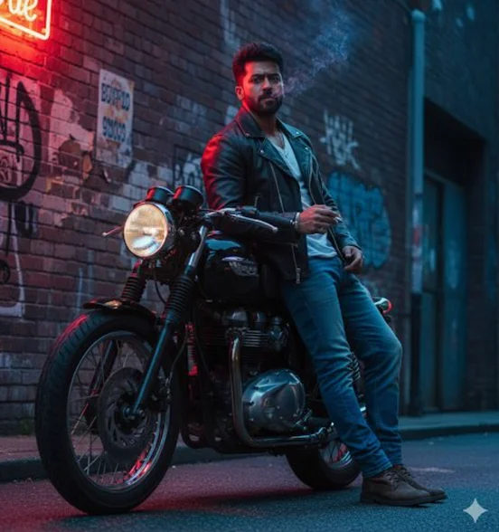 vip prompts: A hyper-realistic, 8k, cinematic full-body shot from a low angle, showcasing a man confidently leaning against a vintage cafe racer motorcycle (e.g., a black Triumph Thruxton) in a gritty, urban alleyway at dusk. The subject, with an uploaded face for reference, wears a classic black leather biker jacket with silver zippers, a plain white t-shirt, faded blue jeans, and rugged leather boots. He holds a lit cigarette in his hand, with a wisp of smoke curling upwards. The scene is dramatically lit by a single, flickering red neon sign from a bar off-camera, casting a moody glow on one side of the subject and the motorcycle, while the fading twilight provides a cool, blue fill light. The background features a brick wall covered in faded graffiti and a wet asphalt ground reflecting the neon light. The motorcycle's chrome details glint in the low light, and the overall image has a high-contrast, film noir aesthetic with highly detailed textures on the leather, denim, and weathered brick.