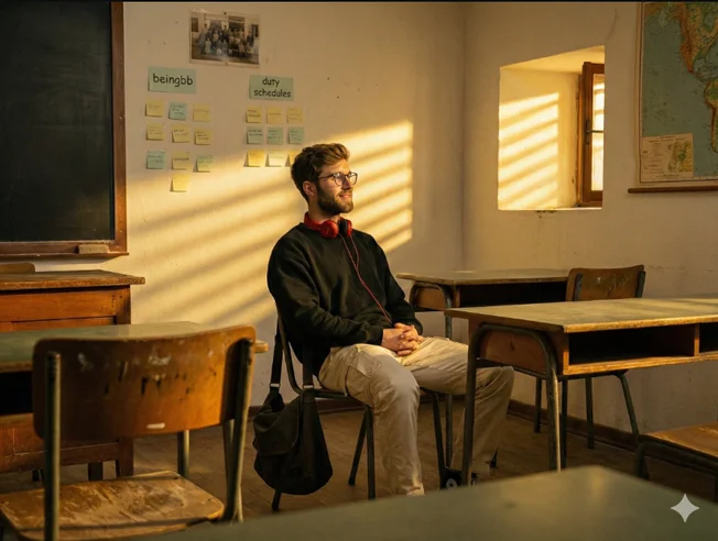vip prompts: Cinematic portrait of the man in the picture (preserve 100% facial details of this man), vintage classroom. The camera is shot from a distance, with a small section of the chair's back visible in front, as if the photographer was taking the portrait discreetly or in a quiet moment. Soft, golden-yellow lighting reflects from a small window or gap in the right wall, forming diagonal lines of light that fall directly on the man's face, creating a dramatic and emotional contrast. The man sits alone in a chair, his feet resting on the desk, with a relaxed and cool expression, as if lost in thought. He wears an oversized army black Sweater, cream-colored cargo pants, Converse sneak-ers, and red headphones. He has a bag hanging from the chair, but it blends harmoniously with the warm light surrounding him. Behind him is an off-white wall with sticky notes labeled "beingbb" notices duty schedules, and So on, and a photo at the top. There are also a few decorations or furnishings typical of a college classroom. Reinforcing a nostalgic and contemplative feel, like a frozen moment in time. Soft golden hues of light blend with the dark shadows in the room, creating a quiet, warm, and slightly wistful atmosphere, reminiscent of a scene from a Japanese indie film at dusk or early morn-ing. The overall atmosphere suggests an intimate, introspective moment in silence. All image elements are rendered without bokeh, with even sharpness from foreground to background. The visual texture contains noticeable noise and grain, reminiscent of the results of analog 35mm film cameras like the Canon AE-1 or retro digital simulations using the Fujifilm X100V with "Classic Chrome" film simula-tion. Possible camera settings: ISO 1600, f/5.6 aperture, 1/60s shutter speed, with a warm white balance to maintain the natural golden light in the room. The grain effect can come from ISO 400 film or the digital grain feature intentionally activated to add cinematic character and nostalgia.