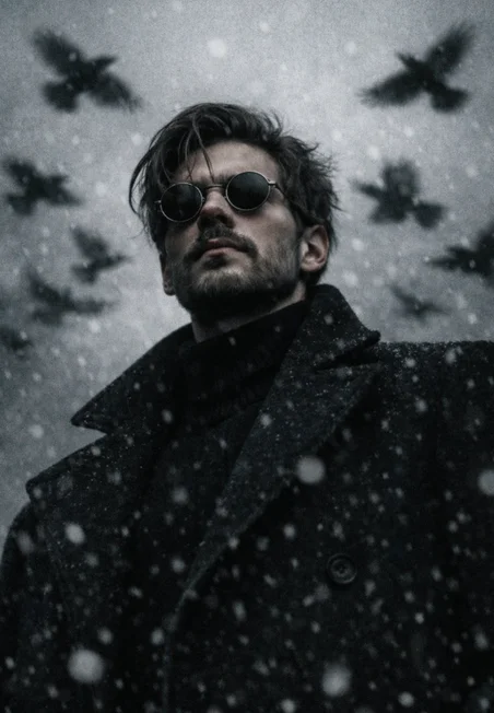 vip prompts: A cinematic low-angle portrait of a stoic man use image for face reference round dark sunglasses, wearing a heavy black wool overcoat and turtleneck. He is standing under an overcast, foggy grey sky. In the background, a flock of blurred black ravens are in mid-flight, creating a dynamic bokeh effect. Soft snowflakes are falling across the frame. Moody, dark aesthetic, desaturated color palette, high contrast, shot on 35mm film, grainy texture, 8k resolution.