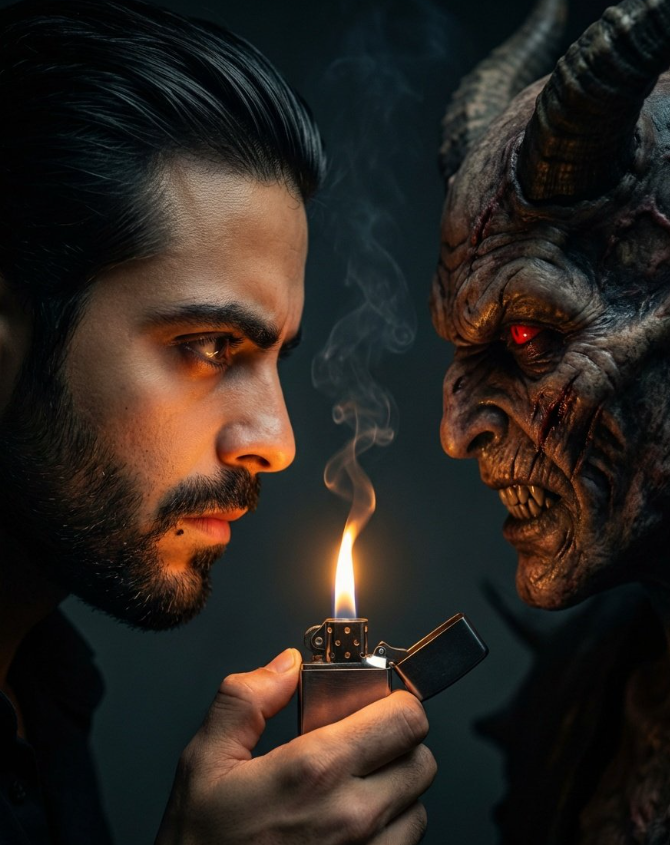 vip prompts: A young man in close-up profile, dark hair slicked back, holds a lit lighter near his face. The warm flame and rising smoke cast dramatic light upward, revealing his intense, wary expression. Opposite him, a demonic creature with large horns, scarred skin, sharp teeth, and glowing red eyes stares back. The scene is dark and tense, set against a muted background, with strong chiaroscuro lighting contrasting the warm firelight on the man and the cold shadows around the creature.