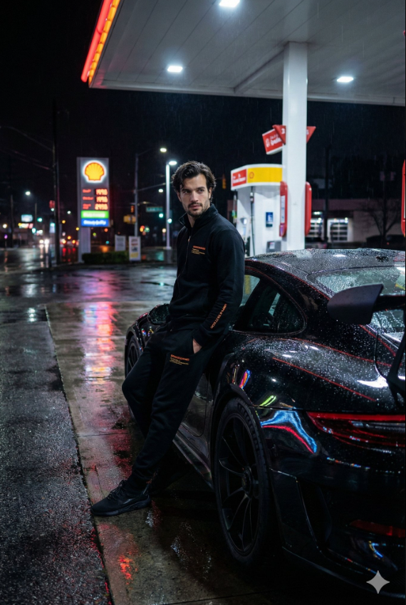 vip prompts: {"render_goal":"Create a hyper-photoreal nighttime portrait using a reference selfie for exact identity replication.","subject":{"identity_lock":true,"face_match_precision":"absolute","hair":"naturally wavy, slightly textured","wardrobe":{"type":"black tracksuit","accent_text_colors":["orange","yellow"],"fit":"modern, clean silhouette"}},"setting":{"scene":"urban gas station after dark","weather_effect":"recent rain","ground_surface":"wet asphalt with high reflectivity","hero_object":{"vehicle":"Porsche GT3 RS","color":"black","interaction":"subject resting casually against the car"}},"lighting_and_mood":{"light_sources":["gas station canopy lights","neon signage","ambient city glow"],"reflections":"vivid color spill on pavement and car body","atmosphere":"cinematic, urban, night realism"},"camera_profile":{"style":"professional photography","focus":"tack sharp on subject","depth_of_field":"shallow background falloff","noise":"natural low-light grain","dynamic_range":"high with deep blacks"},"constraints":{"use_reference_selfie":true,"pose_alignment":"match provided pose reference","realism_level":"maximum","avoid":["illustration","CG look","stylized art"]},"output_expectation":{"quality":"indistinguishable from a real photograph","detail_priority":["skin texture","fabric weave","light reflections"]}}