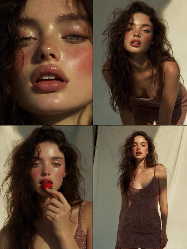 vip prompts: {"project_specifications":{"format":"2x2 Grid Collage","aspect_ratio":"4:5","aesthetic_style":"High-end Beauty Editorial","rendering_engine_hints":{"realism_level":"Ultra-photorealistic","texture_quality":"8k","lighting_simulation":"Ray-traced studio lighting"}},"global_assets":{"subject_definition":{"hair":{"style":"Long, loosely wavy, voluminous","texture":"Natural, individual strands defined","behavior":"Messy but styled, framing face and shoulders"},"complexion":{"skin_texture":"Porous, hyper-realistic","finish":"Dewy, glass-skin effect","makeup":{"cheeks":"Heavy flush/blush","lips":"High-gloss, plump, natural pink","eyes":"Clean, defined lashes, natural brows"}},"wardrobe":{"item":"Mini dress","fit":"Bodycon / Tight","fabric":{"material":"Soft textured knit / Boucle","tactility":"Fuzzy, light-catching fibers","color":"Soft mauve or neutral taupe"},"details":"Spaghetti straps, mid-thigh length"}},"environment_definition":{"studio_setup":{"background":"Seamless paper, soft off-white/beige","atmosphere":"Clean, warm, intimate"},"lighting_rig":{"key_light":"Large diffuse softbox (Front-Left)","fill_light":"Reflector (Right)","highlights":"Specular highlights on lips, cheekbones, and shoulders"}}},"panel_architecture":[{"position":"Top-Left (1)","shot_type":"Extreme Close-Up (Macro)","composition":{"angle":"Low angle, looking up slightly","focus":"Mouth and nose area","depth_of_field":"Shallow"},"action":{"primary":"Eating a strawberry","nuance":"Delicate finger hold, lips slightly parted"},"visual_anchors":["Moisture on strawberry surface","Gloss reflection on lips","Baby hairs at temple"]},{"position":"Top-Right (2)","shot_type":"Medium Shot (Thigh-up)","composition":{"angle":"Eye level","pose_dynamic":"Leaning forward slightly towards lens"},"action":{"stance":"Standing straight on","arms":"Relaxed at sides","expression":"Direct gaze, alluring pout"},"visual_anchors":["Texture of knit dress","Collarbone shadows","Curvature of waist"]},{"position":"Bottom-Left (3)","shot_type":"Full Body (Seated)","composition":{"angle":"Side profile","framing":"Subject compacted on floor"},"action":{"pose":"Knees to chest (fetal position variation)","interaction":"Cheek resting on knee, arms embracing legs","hair_flow":"Cascading onto the floor"},"visual_anchors":["Smooth leg definition","Dress stretching over thigh","Dreamy gaze"]},{"position":"Bottom-Right (4)","shot_type":"Beauty Portrait (Head & Hands)","composition":{"angle":"Frontal close-up","framing":"Chin to hairline"},"action":{"gesture":"Chin resting on interlaced fingers","expression":"Soft smile, looking off-camera"},"visual_anchors":["Hand detail and manicure","Eye clarity","Flush on cheeks"]}]}