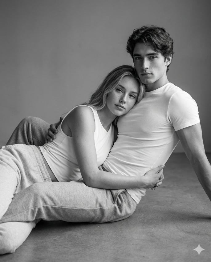 vip prompts: Hyper-realistic black and white photography, 4:5 format, contemporary editorial style, showing a couple lying on the floor of a studio with a neutral gray background. Both look directly at the camera with a calm and intimate expression, conveying an emotional connection.

The woman has the same face as the reference image, maintaining exactly the same features: long, blonde, wavy hair flowing loose over her shoulders. Expressive light eyes, soft freckles, natural skin with a slight glow. She wears a fitted white sleeveless blouse and light gray cotton sweatpants. She is leaning against the camera's chest, resting her face serenely while looking at the camera with a soft and confident expression.

The man has the same face as the reference model, clean-shaven, with wavy brown hair and a calm, protective gaze. Medium-toned skin with a natural texture. He is wearing a tight white t-shirt and gray sweatpants, with his arm supporting the woman.

The lighting is diffused, coming from a side light at a 45° angle to the left, with a white reflector to soften shadows. Natural and realistic textures - cotton, skin, and studio floor.

Shallow depth of field, central focus on faces, softly blurred background.

A cinematic, emotional, elegant, and intimate style, inspired by contemporary black and white editorial photography.