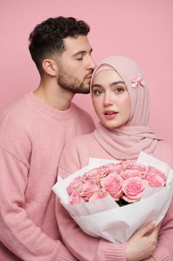 vip prompts: {"image_prompt":{"reference":{"face_identity":"uploaded reference images","identity_lock":true,"face_preservation":"100% identical facial structure, proportions, skin texture, eye shape, lips, nose, brows, and expressions for both subjects"},"composition":{"shot_type":"medium-shot portrait","aspect_ratio":"3:4","camera":{"lens":"85mm","aperture":"f/1.8","focus":"sharp focus on eyes and faces","depth_of_field":"shallow"}},"male_subject":{"appearance":{"skin_tone":"fair","hair":"short black wavy hair, K-pop comma style"},"outfit":"oversized soft pastel-pink knitted sweater","pose":{"position":"standing slightly behind the woman","action":"gently kissing the side of her head","expression":"eyes closed, calm, affectionate"}},"female_subject":{"appearance":{"skin":"porcelain-smooth","expression":"gentle, slightly surprised, happily content","gaze":"looking straight forward"},"hijab":{"type":"pastel pink chiffon pashmina","style":"modern, loose, elegant drape covering chest","accessory":"small ribbon hair clip"},"outfit":"cozy pastel-pink knitted sweater","makeup":{"style":"Douyin-inspired","details":["natural hair-stroke eyebrows","large sparkling dolly eyes","individually defined curled lashes","soft aegyo-sal","rich pink blush on cheeks and nose tip","glossy pink ombré lips"]}},"props":{"bouquet":{"flowers":"fully bloomed pink roses","wrap":"white aesthetic crepe paper","pose":"hugged closely to chest"}},"lighting":{"type":"soft diffused studio lighting","characteristics":["gentle shadows","dreamy atmosphere","clear eye catchlights"]},"background":{"type":"plain studio backdrop","color":"baby pink"},"render_quality":{"resolution":"8K","style":"ultra-realistic","skin_detail":"visible pores and vellus hair","color_grading":"soft pastel tones","quality":"masterpiece, photorealistic"}}}