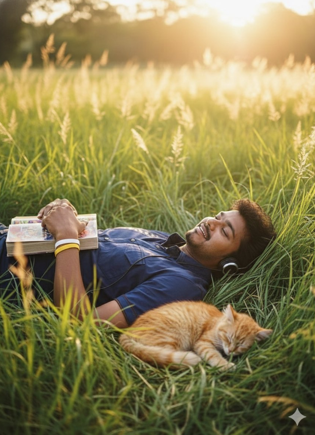 vip prompts: {"text_prompt":"Create an image of a human subject (using the exact face from the provided selfie - no editing, no retouching, no smoothing, preserve natural skin texture), keeping their original face and sharp features with the highest clarity, ultra-HD, natural skin texture, and sharp focus. The scene is a cinematic shot captured with a professional-grade DSLR camera, using a wide aperture (f/1.8) for a soft, blurred background, styled in a peaceful and cinematic way with a warm golden-hour color palette. The subject is lying relaxed in a field of tall, green pampas grass under warm afternoon sunlight, wearing the same outfit as shown in the provided reference image, with headphones on and a large book resting open on their chest, while an orange cat naps peacefully beside them. The setting is a serene meadow, with soft background focus, gentle sunlight, and sun flares adding a dreamy effect, with the subject's face clearly visible as the focal point of the image."}