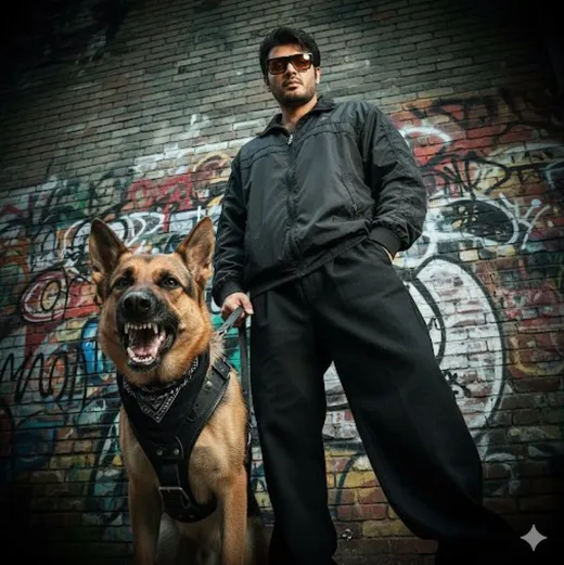 vip prompts: Portrait of heat ate enem extréme low-angle worms: viewinear an angry german shepherd in black leather harness with 1 metallic details and worn black handkerchief dog growling eyes sharp behind him same person (keep original face exactly same) stands in stylized pose- one foot forward one hand in pocketyother holding leash calm but powerful expression wearing large black sunglasses with amber lenses anda worn oversized vintage nylon windbreaker with black pipes. gritty urban wall background with graffit, harsh flash lighting, film grain vignetting - shot on kodak portra 400.