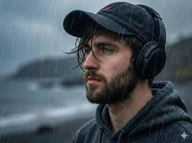 vip prompts: profile, looking into the distance with a melancholic expression. (use my image with accurate face 100%) he is wearing a dark baseball cap with a red detail and black over-ear headphones. His heavy dark hair is tousled by the coastal wind, falling leicht ins Gesicht, voller Textur und Bewegung.. Raindrops are clearly visible on his skin. The background is a heavily blurred, dark, rainy outdoor scene with 64 visible streaks of falling rain.￼