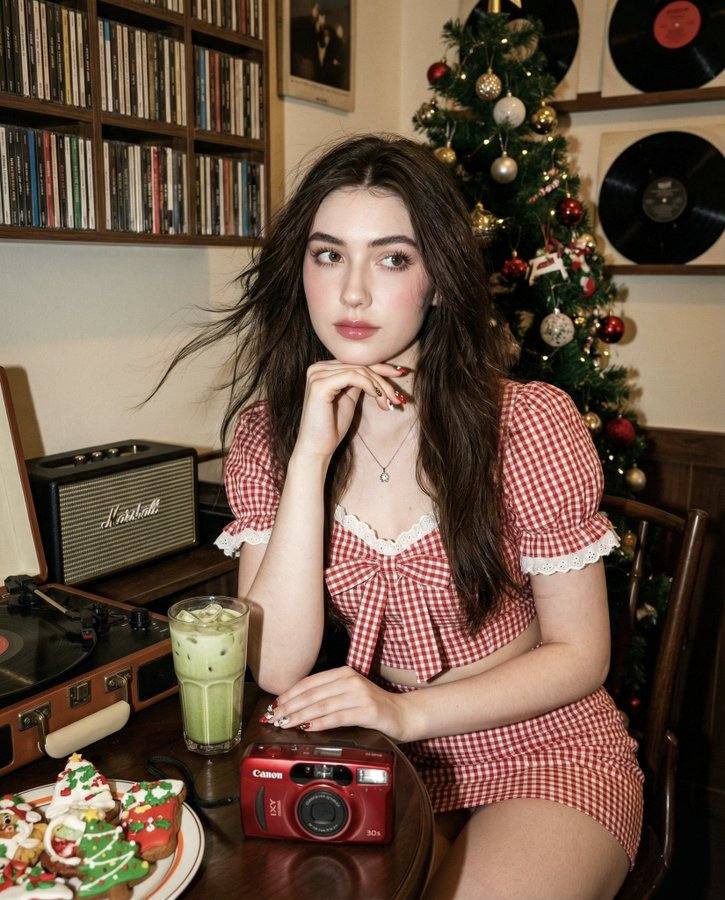 vip prompts: {"image_prompt":{"subject":{"description":"hyper-realistic portrait of a cute, doll-faced Asian woman sitting at a dark wooden table in a vintage-style room","face_preservation":true,"pose":{"body_position":"seated at the table","head":"slightly tilted toward camera","hands":"chin resting gently on one hand, other hand relaxed on or near the table","expression":"soft, warm, slightly shy smile with big doll-like eyes looking toward the camera"},"appearance":{"skin_tone":"very fair skin with realistic texture","hair":{"color":"dark brown","length":"long","style":"slightly wind-blown with a few strands falling across her face, layered and softly messy"},"makeup":{"style":"Douyin and Korean-inspired","eyes":"long curled lashes with subtle liner, bright and glossy look","blush":"soft pink on cheeks and nose tip","lips":"glossy rose-pink lips","overall":"cute doll-like aesthetic"},"clothing":{"top":{"type":"puff-sleeve crop top","pattern":"red-and-white checkered","neckline":"wide neckline revealing collarbones and subtle cleavage","details":"small lace ruffle edges and a bow tie in the center"},"bottom":{"type":"fitted mini skirt","pattern":"matching red-and-white checkered"}},"accessories":{"necklace":"minimal small-pendant necklace","nails":"Christmas-themed nail art"}}},"environment":{"setting":"retro café or music lounge corner","walls":{"color":"dark brown","decor":["CD shelves","vinyl records on the wall","Christmas tree","Christmas ornaments"]},"table":{"material":"dark wood","objects":["vintage amplifier","old-style record player","one iced matcha latte in a clear cup","beautifully decorated Christmas-themed food and desserts","red Canon IXY 30S camera placed clearly on the table"]}},"lighting":{"ambient":{"type":"warm tungsten","color":"orange","mood":"cozy and festive"},"key_light":{"type":"direct flash","position":"from camera direction","effect":"brightens her skin sharply with a slightly yellow-white glow, creates strong hard shadows behind her"},"additional_light":{"type":"soft natural sunlight","placement":"subtle presence in the room","effect":"adds gentle highlights and depth"}},"photography":{"style":"Y2K / early digital compact camera vibe","camera_feel":"point-and-shoot compact digital, on-camera flash","quality":"super sharp 8K hyper-realistic image","color_profile":"Fujifilm Pro 400H inspired, slightly old-lens filter","exposure":"bright exposure emphasizing the subject against darker background","texture":{"skin":"realistic pores and soft sheen","grain":"light film grain overlay for nostalgic film look"}},"composition":{"framing":"medium close-up, centered on subject at the table with upper body visible and table objects clearly shown","focus":"sharp focus on face and upper body, table items slightly less sharp but still detailed","background_depth":"background elements recognizable but slightly softer than subject"}}}